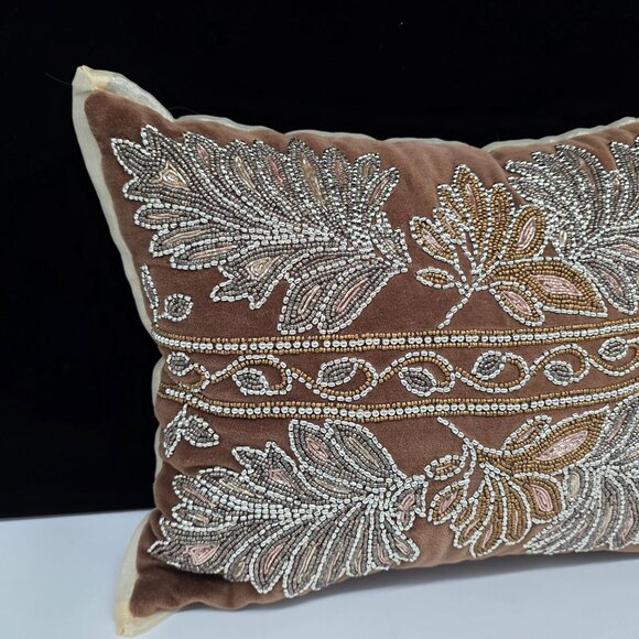 Pier 1 Beaded Leaf Decorative Square Throw Pillow Cover Brown Silver 16"x13" - Picture 2 of 8